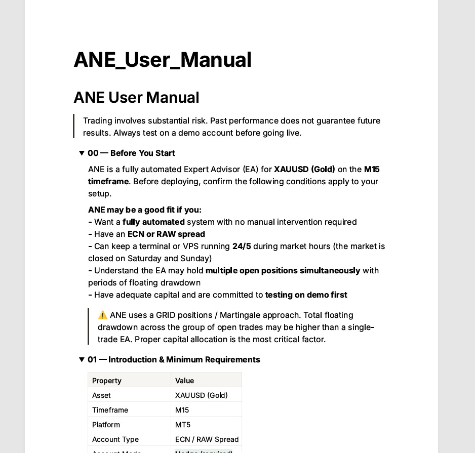 AnE EA MT5 PDF user manual cover page showing comprehensive documentation with sections on minimum requirements, grid mechanics warnings, and configuration instructions