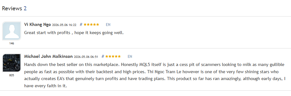 AnE EA MT5 verified MQL5 reviews showing 5-star feedback from Vi Khang Ngo and Michael John Malkinson both from May 2026 expressing confidence in the developer and product