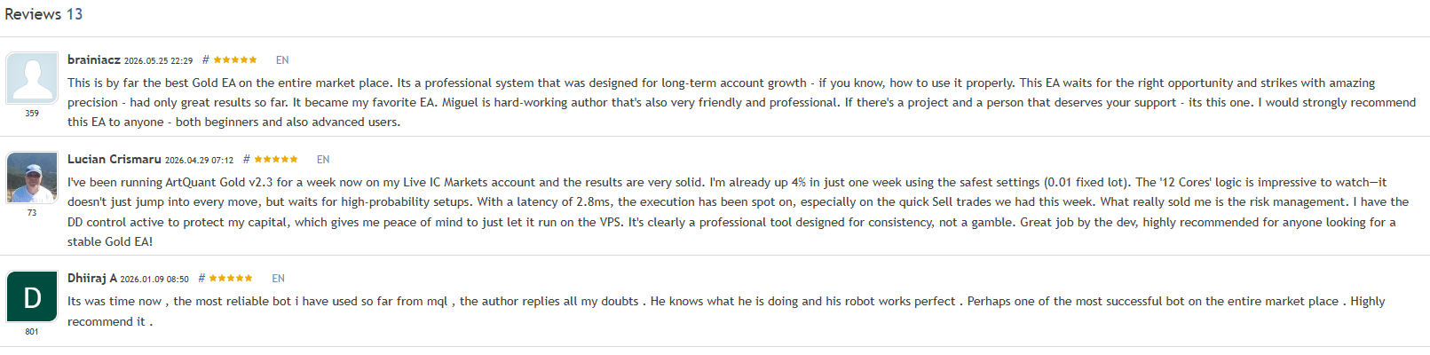 Five-star ArtQuant Gold customer reviews praising the selectivity, high-probability setups, risk management and drawdown control