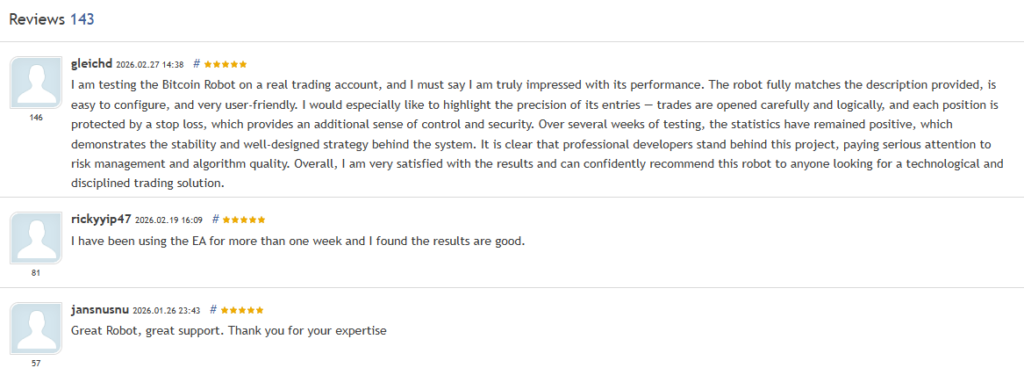 Bitcoin Robot EA verified MQL5 customer reviews showing 5-star ratings from gleichd, rickyyip47, and jansnusnu praising the precision, stability, and risk management