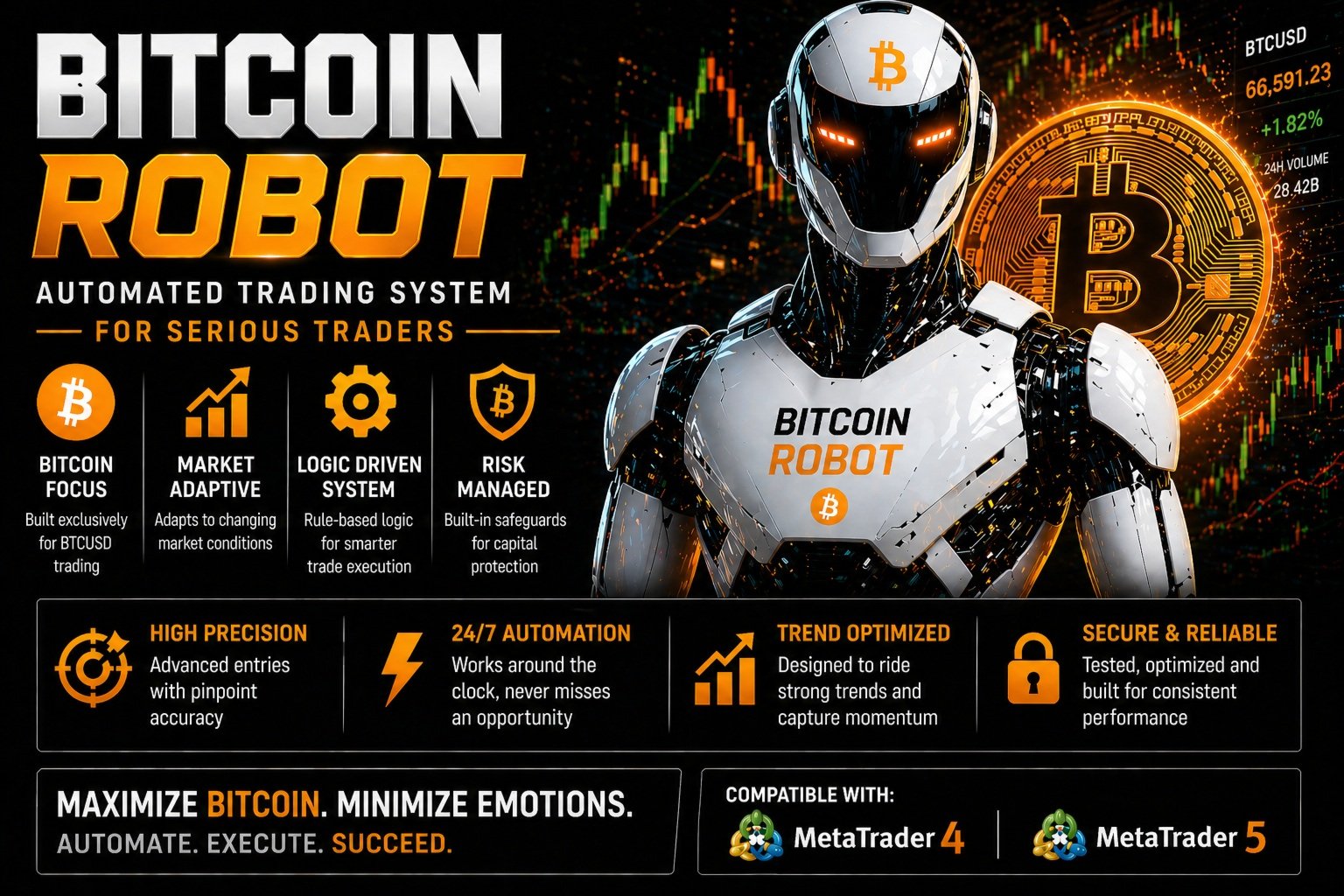 Bitcoin Robot EA Key Features Bitcoin Robot EA marketing image highlighting key features including Bitcoin focus, market adaptive logic, logic-driven system, and risk-managed approach with MT4 and MT5 compatibility