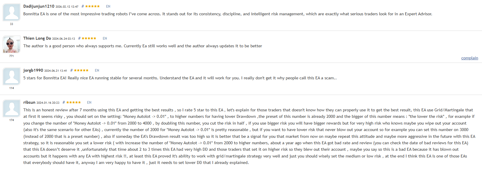 Bonnitta EA MT5 customer reviews from verified MQL5 buyers including Dadijunjun1210 from February 2026, Thien Long Do from June 2024, jorgb1990 from June 2024, and ribsun from January 2024 all giving 5-star ratings