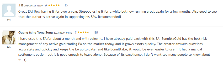 Bonnitta Gold EA MT5 verified MQL5 customer reviews from J B June 2024 and Guang Ming Yong Song August 2023 both giving 5-star ratings and praising risk management and developer support