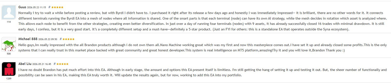 Byrdi AI Customer Reviews Byrdi AI customer reviews on MQL5 showing 5-star ratings from Guus, Michael 888, and Abel Liu praising the mesh node architecture, diversification, ease of setup, and the developer Brandon's product quality and community support