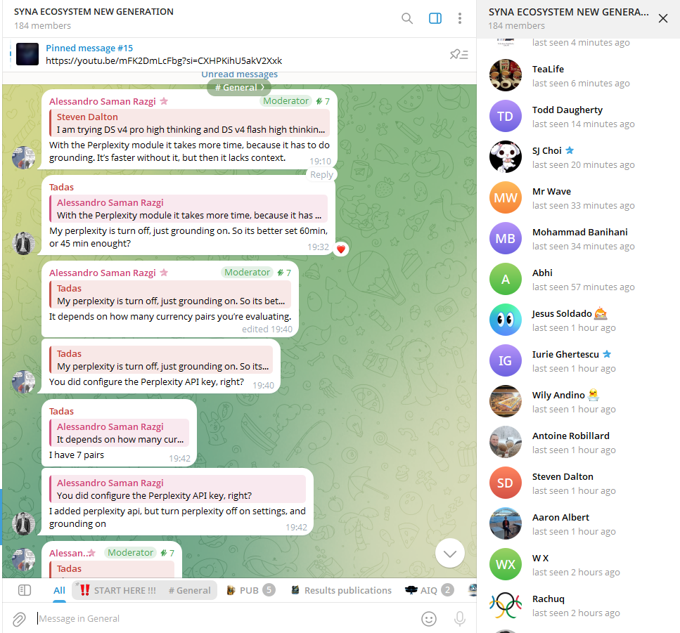 Byrdi AI Telegram Community Byrdi AI developer Telegram community group showing active member discussions about EA configuration, settings, and trading pairs with moderators and members actively engaging