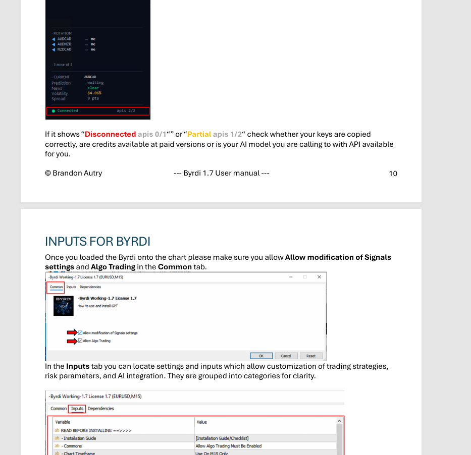 Byrdi AI User Manual — Inputs and Mesh Status Byrdi AI user manual page showing mesh rotation status display with AUDCAD AUDNZD NZDCAD assets, connection states for APIs, and the Inputs tab in MT5 with installation guide, commons and chart timeframe settings