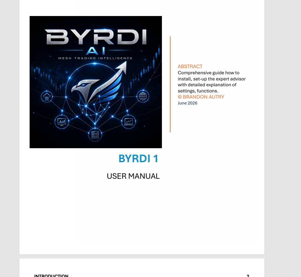 Byrdi AI User Manual Byrdi AI EA MT5 user manual cover page by Brandon Autry showing comprehensive installation and setup guide with detailed explanation of settings and functions, June 2026 edition