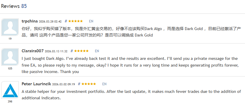 Dark Algo EA MT4 verified MQL5 customer reviews from trpchina in March 2026, Claraira007 in March 2026, and Peter Laurincik in March 2026 all giving 5-star ratings with comments about backtest results, additional indicators, and portfolio stability
