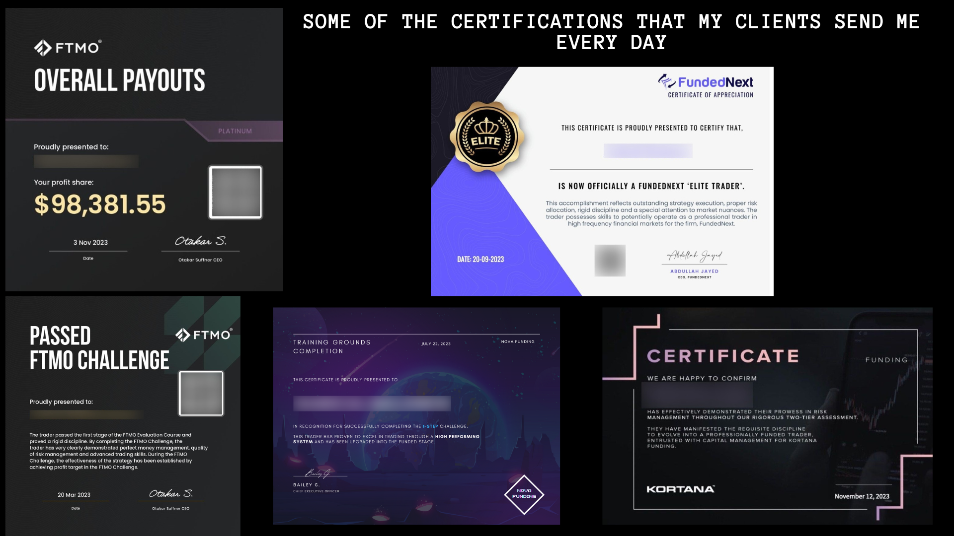 Dark Algo EA MT4 prop firm certifications showing FTMO Platinum payout certificate, FundedNext Elite Trader certificate of appreciation dated September 2023, Nova Funding Training Grounds Completion certificate from July 2023, Kortana Funding certificate from November 2023, and a separate Passed FTMO Challenge certificate from March 2023