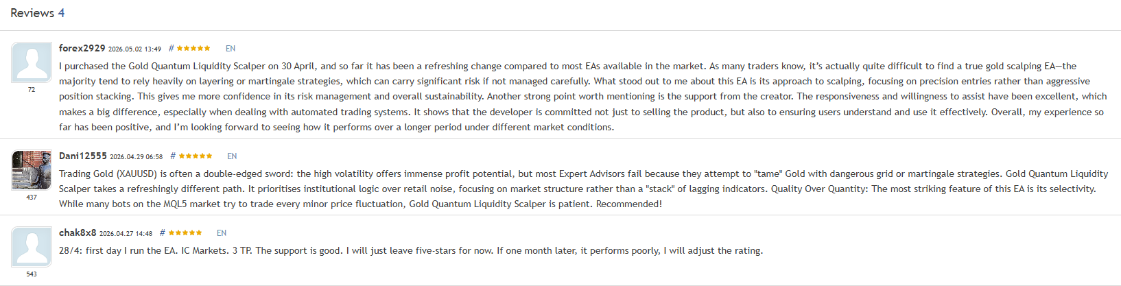Five-star customer reviews for Gold Quantum Liquidity Scalper praising its precision entries, institutional logic over retail noise, and selectivity instead of grid or martingale
