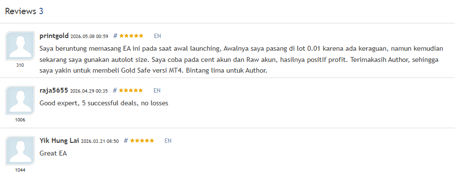 Gold Safe EA verified MQL5 customer reviews showing 5-star ratings from printgold, raja5655, and Yik Hung Lai
