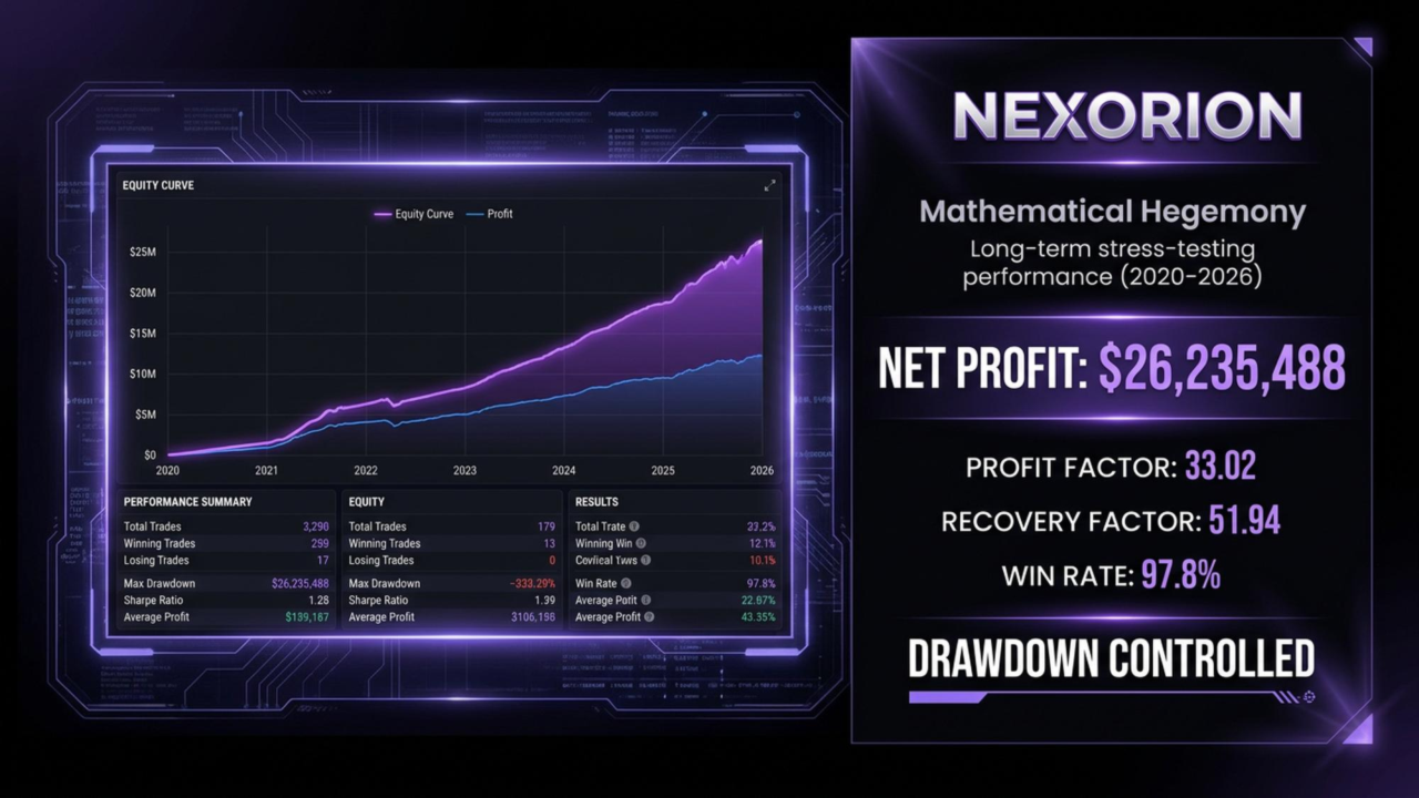 Nexorion Initium Novum backtest marketing graphic claiming 26 million USD net profit, profit factor 33.02, recovery factor 51.94 and 97.8 percent win rate over 2020 to 2026