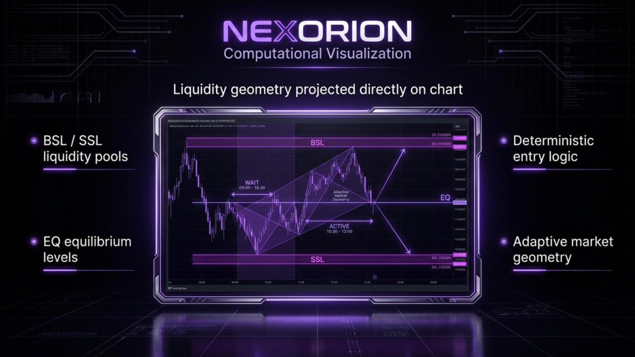 Nexorion Initium Novum computational visualisation showing BSL and SSL liquidity pools, EQ equilibrium levels, deterministic entry logic and adaptive market geometry projected on a XAUUSD chart