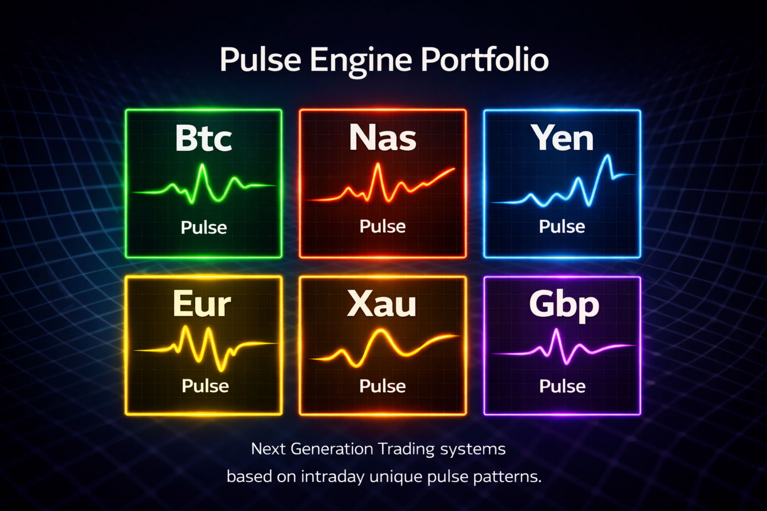 Pulse Engine EA MT5 multi-market portfolio covering BTC, NAS, Yen, EUR, XAU, GBP using intraday unique pulse patterns across all 6 markets