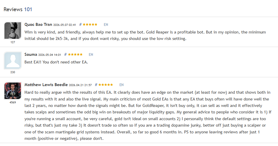 The Gold Reaper EA MT5 verified MQL5 customer reviews showing recent 5-star feedback from Quoc Bao Tran, Souma, and Matthew Lewis Beedle with detailed analysis of the EA's edge and configuration recommendations