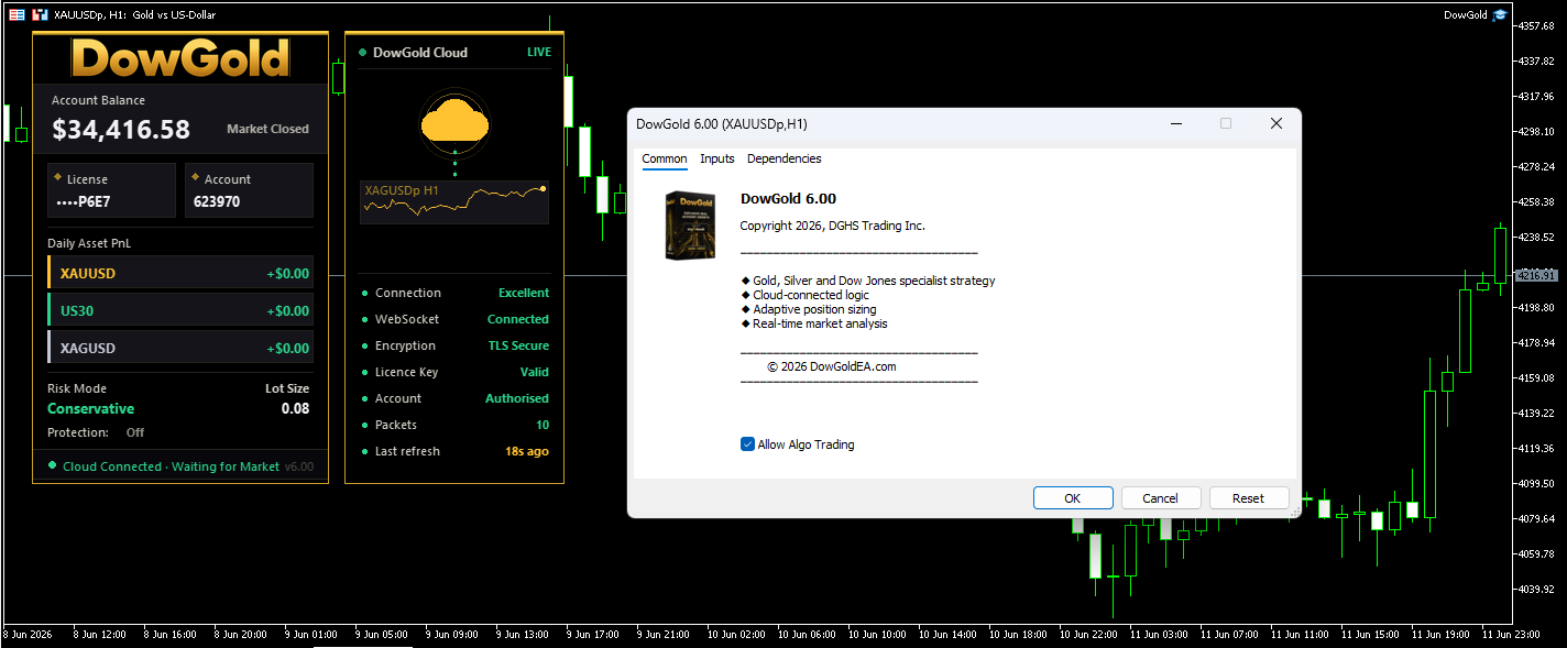 DowGold EA running live on a real MetaTrader 5 account, showing the DowGold panel, cloud connection status, and the EA properties confirming an official DGHS Trading Inc. licence