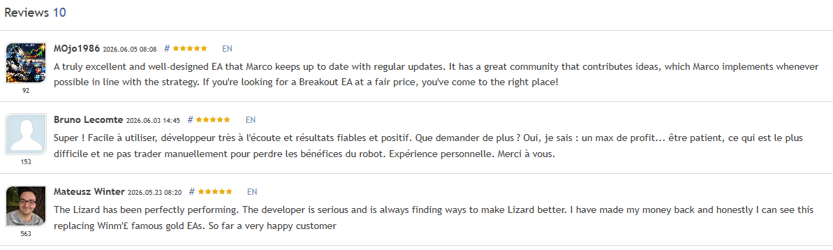 Lizard EA reviews Lizard EA MQL5 reviews showing five-star buyer feedback describing the breakout EA at a fair price, regular community-driven updates, easy to use, reliable positive results, and replacing famous gold EAs