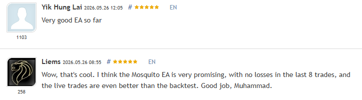 Mosquito EA MQL5 customer reviews showing 5-star ratings from Yik Hung Lai and Liems describing the EA as very promising with no losses in recent trades and live trading exceeding the backtest