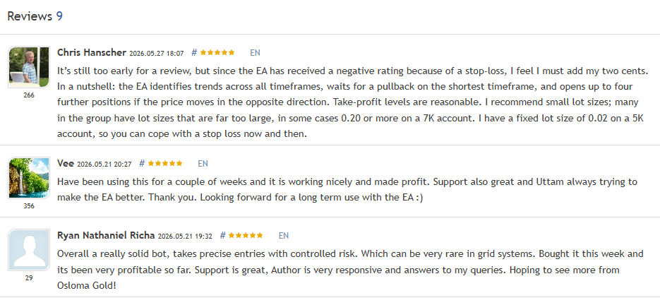 Five-star Osloma Gold MT5 customer reviews praising the trend identification across timeframes, precise entries with controlled risk in a grid system, and reasonable take-profit levels with small recommended lot sizing