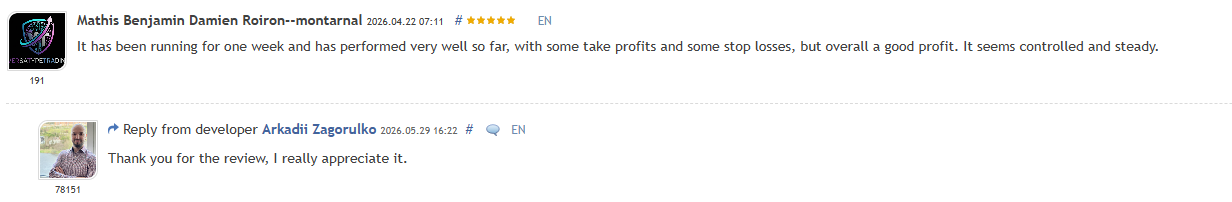 Precise Pair Trading Pro reviews Precise Pair Trading Pro EA early five-star MQL5 marketplace customer review describing controlled and steady performance with take profits and stop losses producing overall good profit