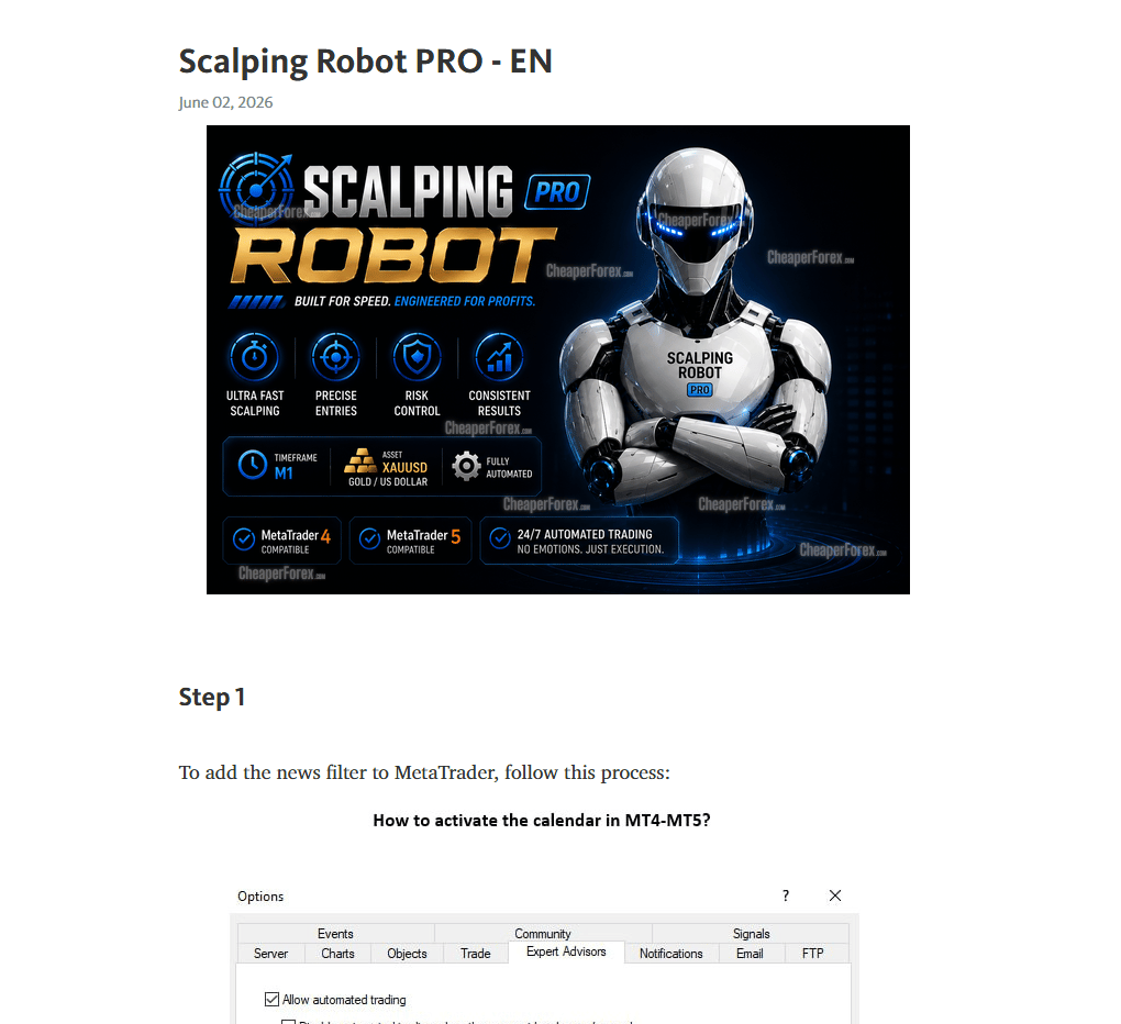 Scalping Robot Pro EA MT5 user manual showing detailed setup instructions, broker configuration, input parameters explained, news filter setup, and on-chart panel guide