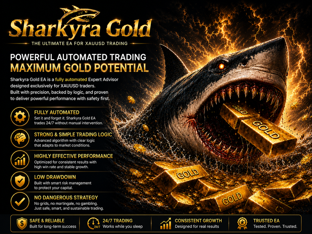 Sharkyra Gold EA MT5 feature overview — fully automated XAUUSD trading, strong simple trading logic, low drawdown, defined SL TP, no grid or martingale