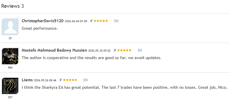 Sharkyra Gold MQL5 marketplace reviews showing three buyer comments from May and June 2026 describing positive early performance
