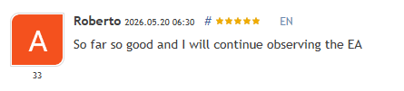 Spider Gold EA early MQL5 customer review showing 5-star rating from Roberto describing the EA as so far so good with intent to continue observing
