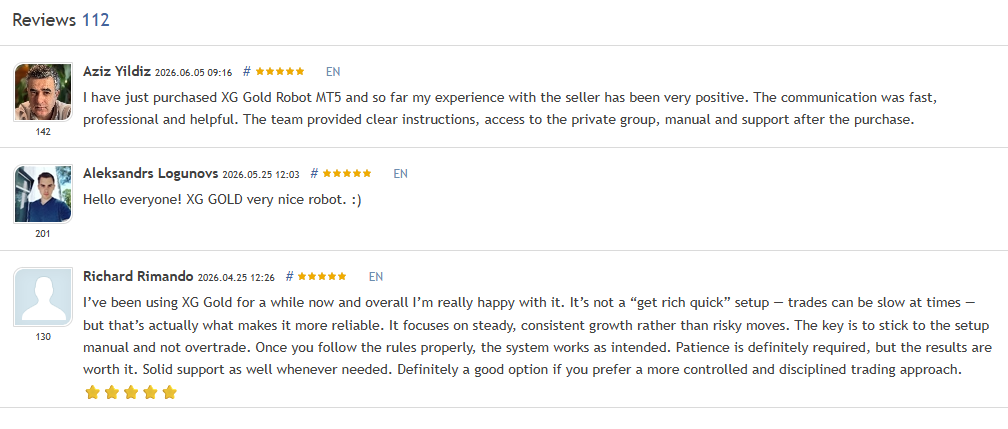 XG Gold Robot EA verified MQL5 buyer reviews showing 5-star ratings describing the system as steady consistent growth, not a get rich quick setup, requiring patience and disciplined trading approach