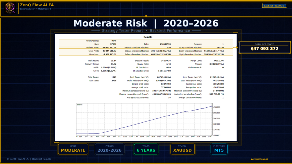 ZenQ Flow AI EA Moderate Risk mode backtest report on XAUUSD from 2020 to 2026 across 6 years with 99 percent history quality, 1379 trades, 94.42 percent win rate, profit factor 25.14, recovery factor 83.82, Sharpe ratio 6.43, LR correlation 0.99, balance drawdown 0.77 percent, equity drawdown 1.44 percent, equity drawdown relative 70.03 percent, largest loss negative 300750 USD same outlier as High Risk, maximum consecutive losses 2