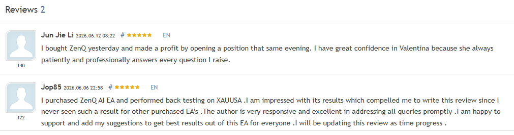ZenQ Flow AI customer reviews ZenQ Flow AI EA early MQL5 customer reviews showing two 5-star ratings from June 2026 describing first-trade profitability and backtest impressiveness
