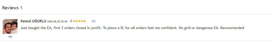 Zerqon EA single MQL5 customer review from June 2026 by Kemal showing 5-star rating and noting the EA has stop loss on all orders with no grid or dangerous techniques