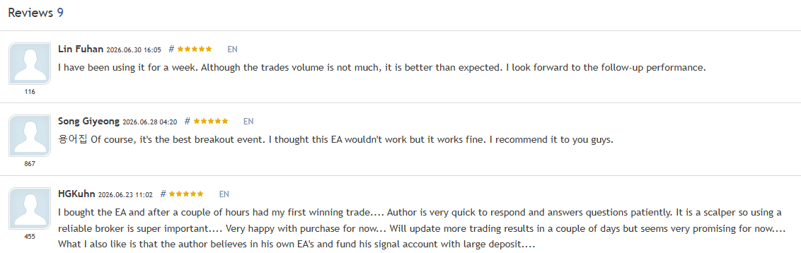 Adaptive Gold Scalper EA marketplace customer reviews, showing several five-star ratings from early buyers who report the EA performing better than expected, taking an early winning trade, and noting that a reliable broker matters because it is a scalper