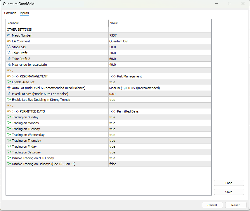Quantum OmniGold EA input parameters showing Magic Number 7337, EA Comment Quantum OG, Stop Loss 30, Take Profit 40, Take Profit 2 at 60, Max range to recalculate 40, Enable Auto Lot true with Medium 1000 USD recommended risk level, Fixed Lot Size 0.01, Enable Lot Size Doubling in Strong Trends true, all trading days permitted, Disable Trading on NFP Friday true