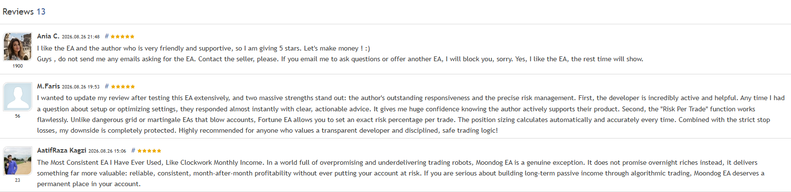 MoonDog EA marketplace customer reviews showing five-star ratings, with one buyer describing precise risk management and an exact risk percentage per trade with strict stop losses, and another describing consistent month after month profitability without putting the account at risk