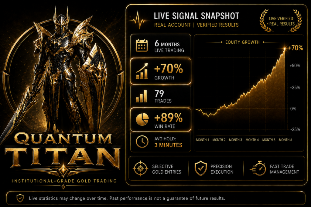 Archived designed Quantum Titan summary quoting 70 percent growth, 79 trades and an 89 percent win rate; not an account-page screenshot