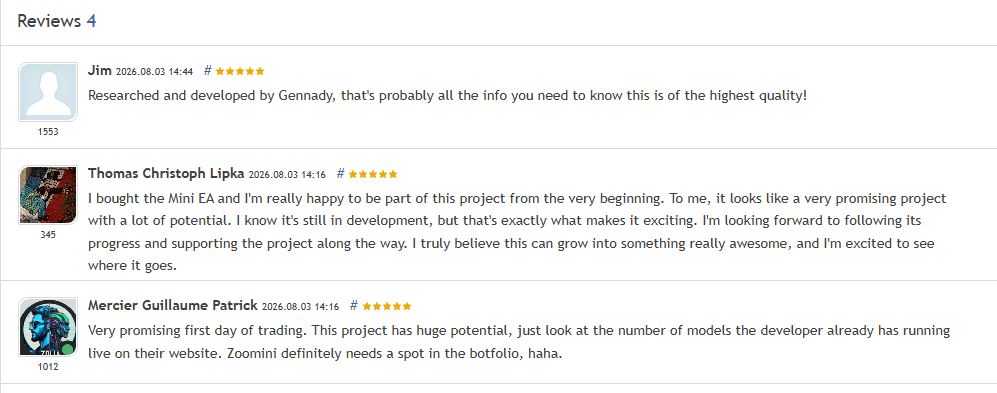 Zoomini EA marketplace customer reviews showing five-star ratings from early buyers describing a promising first day of trading, enthusiasm for joining the project early, and appreciation of the number of models the developer runs live on the public website