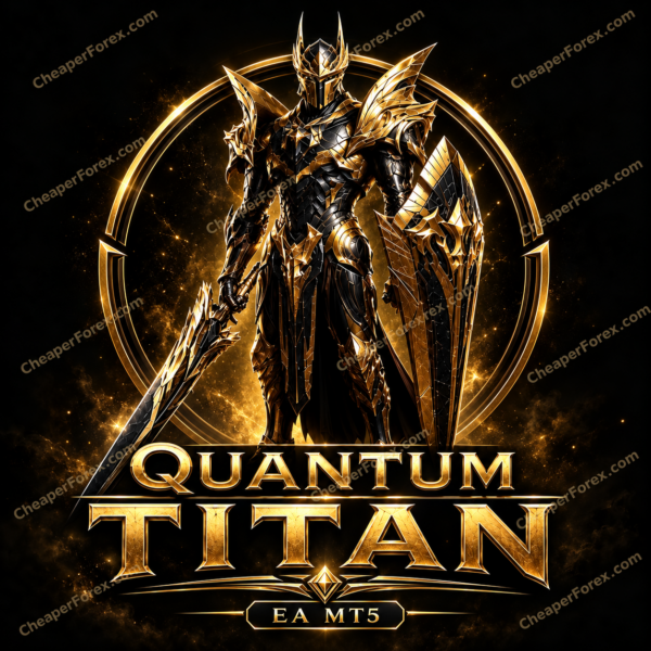 Quantum Titan EA MT5 promotional cover with gold armored Titan and CheaperForex.com watermarks