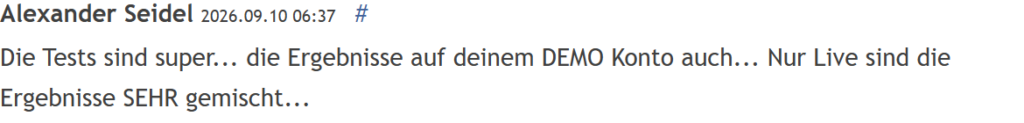 Genuine selected German-language MQL5 review excerpt by Alexander Seidel dated 10 September 2026 reporting mixed live results