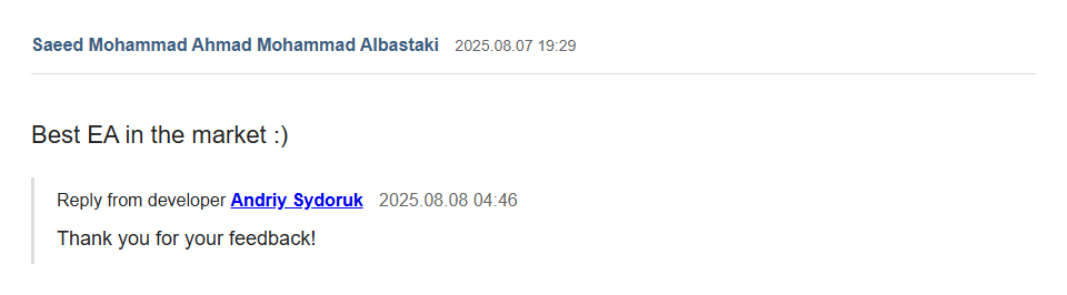 Original Pips Maven MQL5 customer comment dated August 7 2025 and developer reply