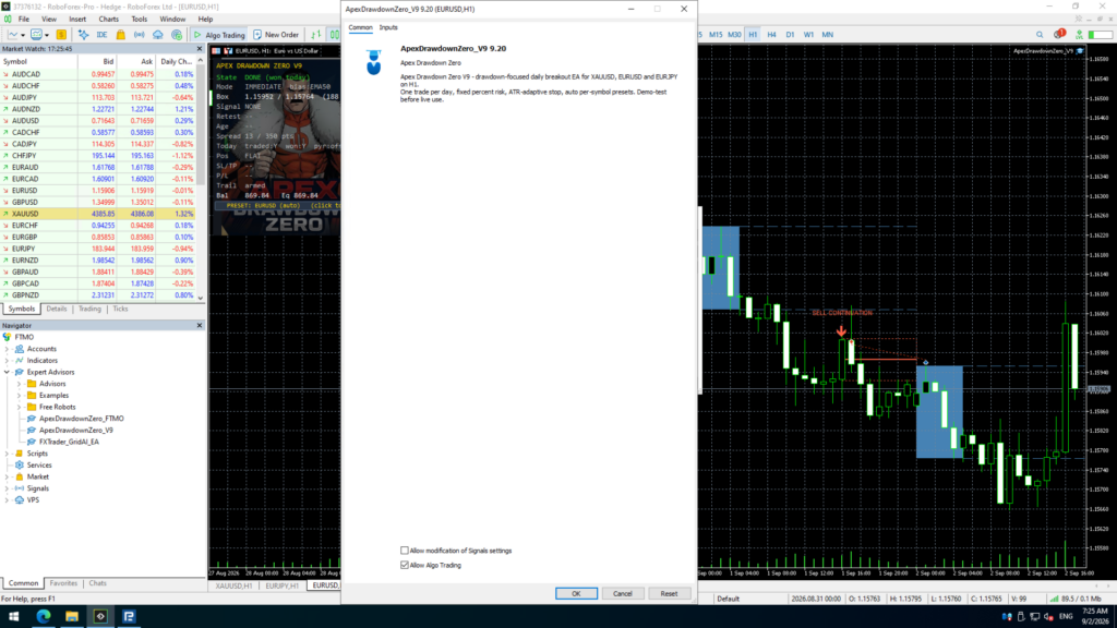Apex Drawdown Zero EA MT5 — Developer setup dialog shown alongside the chart