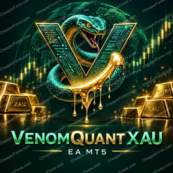 VenomQuant XAU EA MT5 promotional artwork with CheaperForex.com watermarks