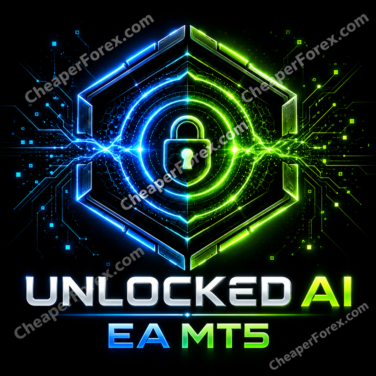 Unlocked AI EA MT5 cover with repeated CheaperForex.com watermarks