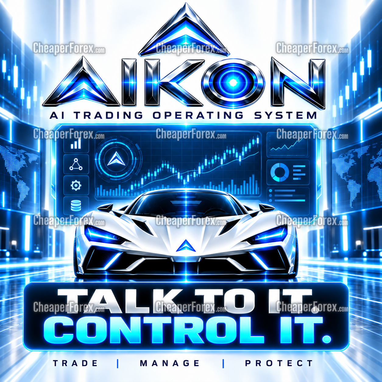 Aikon MT5 EA cover with blue chrome branding and CheaperForex.com watermarks