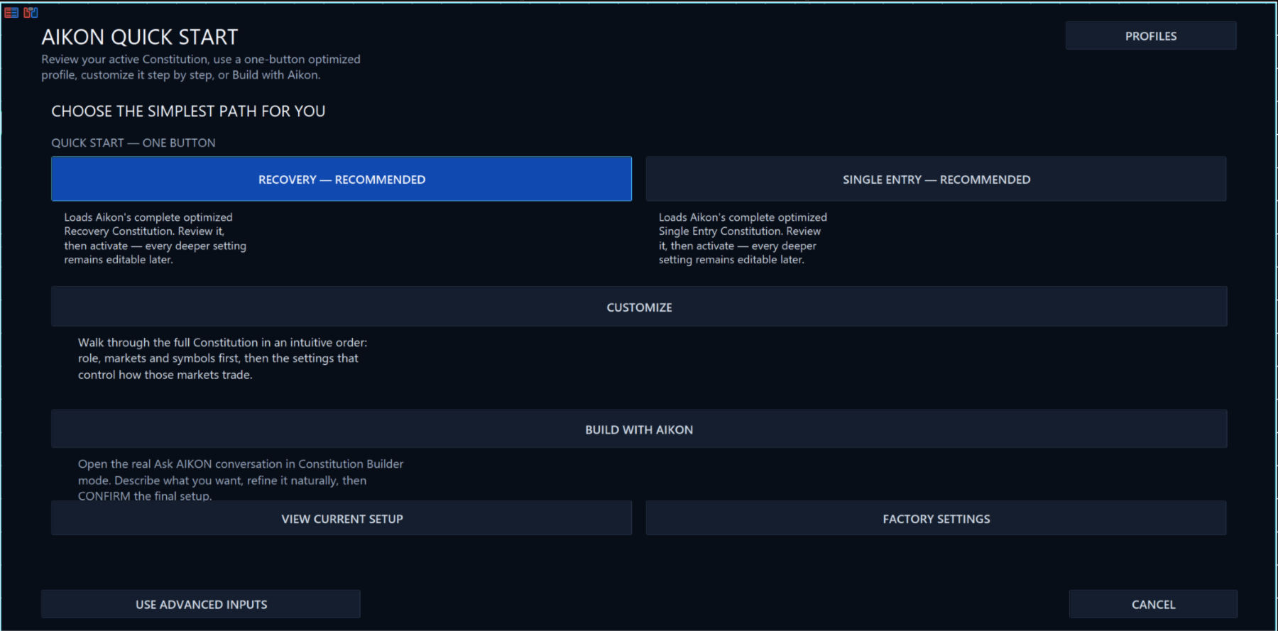 Aikon Quick Start screen showing Recovery, Single Entry, Customize and Build with Aikon options