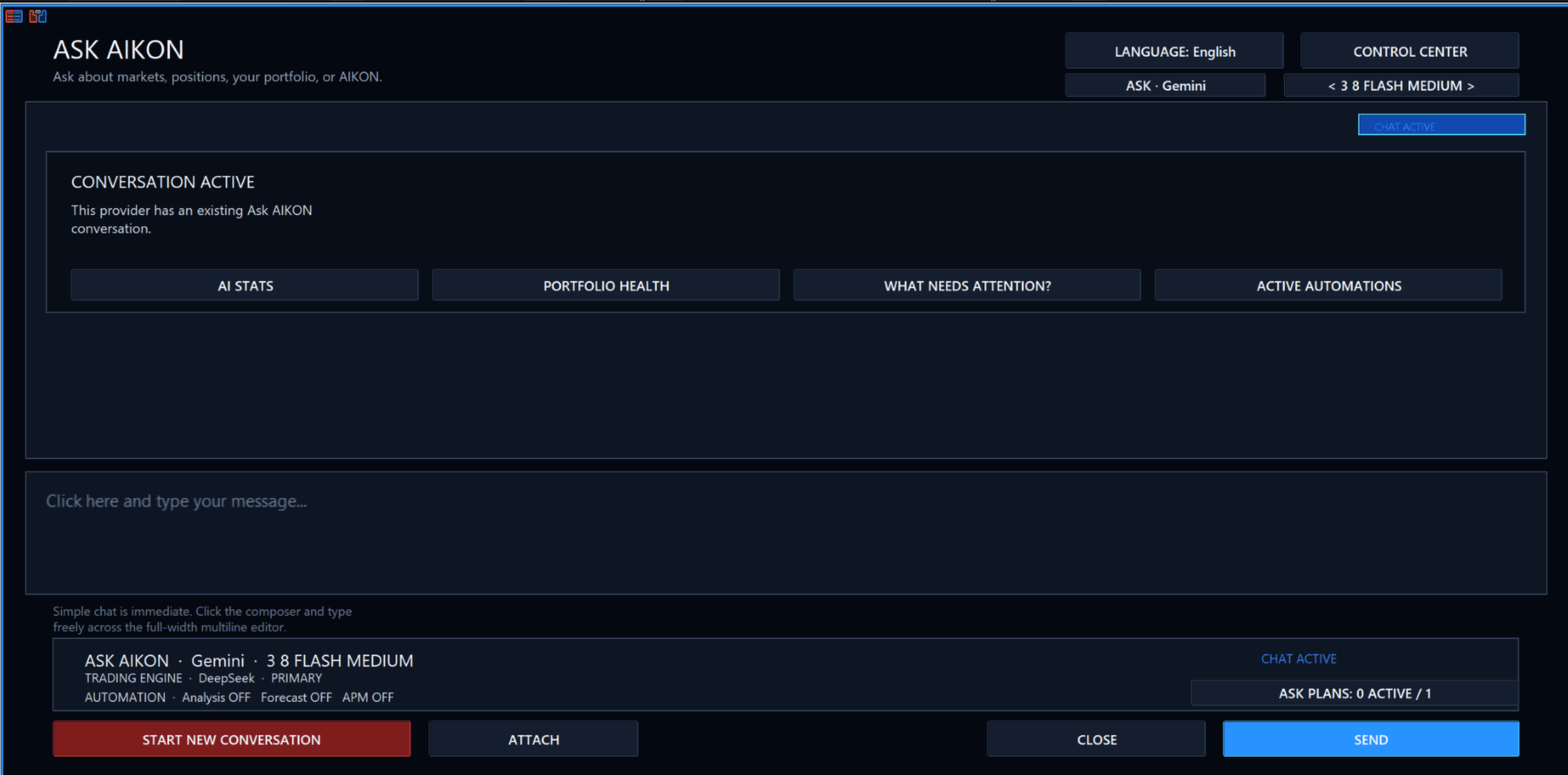 Ask Aikon conversation interface with AI Stats, Portfolio Health and Active Automations shortcuts
