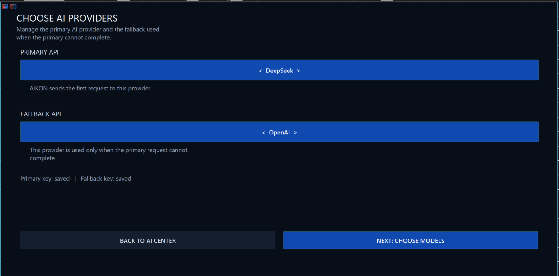 Aikon provider setup showing primary and fallback AI provider selectors
