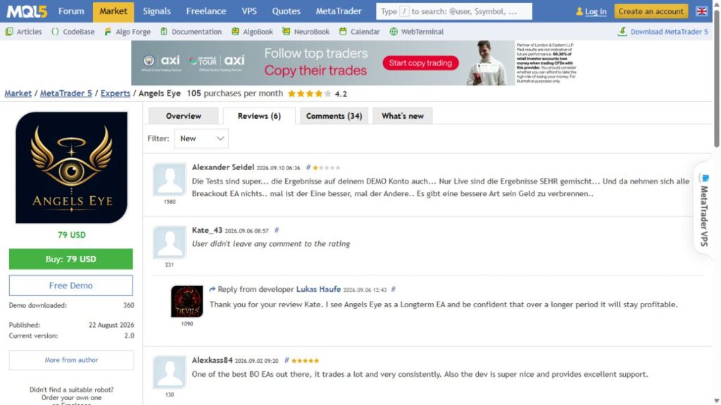 Angels Eye MQL5 reviews showing a critical recent review and positive earlier feedback