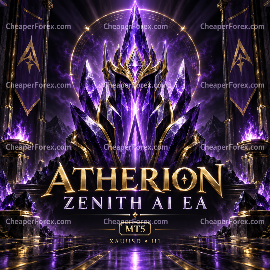 Atherion Zenith AI EA MT5 purple crystal cover with repeated CheaperForex.com watermarks