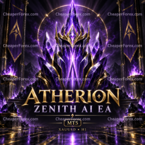 Atherion Zenith AI EA purple crystal artwork with CheaperForex.com watermarks